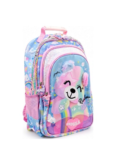 Okul Sırt Çantası Pembe Cute Cat Bear 3 Bölmeli Ortopedik Matara Cepli 42x27x18cm Çok Renkli