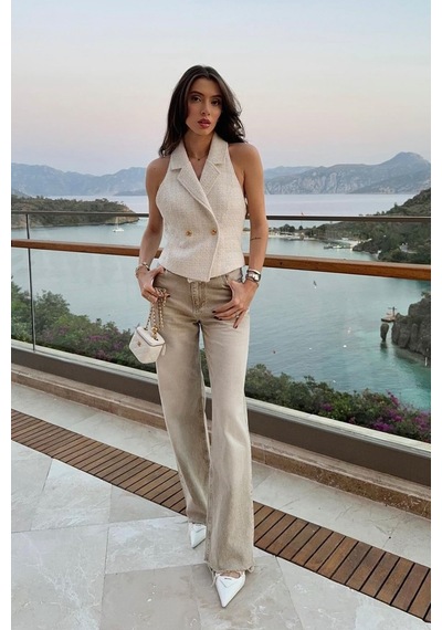 Açelyaokcu High Waist Wide Leg Kar Yıkama Geniş Paça Dikişsiz Jean Bej
