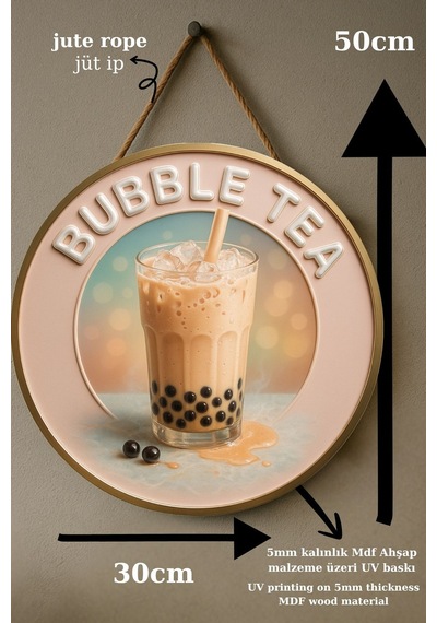 Bubble Tea Temalı Kapı Süsü Tablosu, Boba İçecek Konseptli Dekoratif Cafe Büfe Duvar Aksesuarı