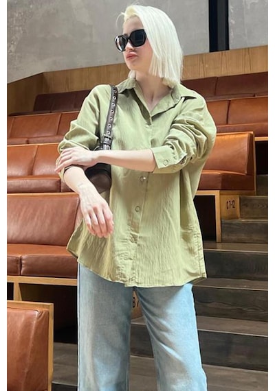 Madmext Haki Uzun Kollu Çizgili Oversize Gömlek Mg2080-haki Haki