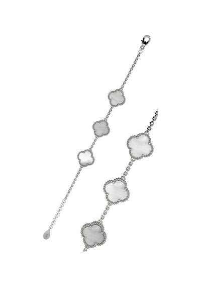 Roza Silver 925 Ayar Beyaz Sedef Taşlı Rodyum Üçlü Yonca Gümüş Bileklik Rb10043