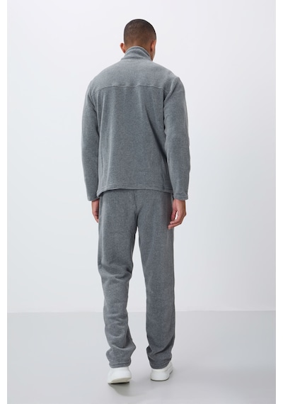 Tommy Life Gri Melanj Dik Yaka Basic Fermuar Cepli Standart Kalıp Erkek Polar Eşofman Takımı - 85193 GRİ MELANJ