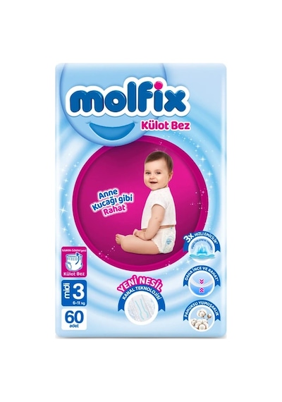 Molfix Külot Bebek Bezi 3 Beden Midi 6-11 kg Jumbo 60 Adet Anne Kucağı Gibi Rahat
