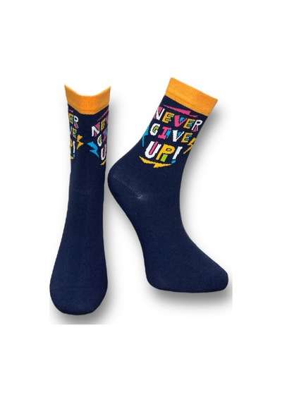 Me-vo Tekli Lacivert Renkli Unisex Esnek Nem Alabilen Pamuklu Slogan İşlemeli Soket Çorap Lacivert