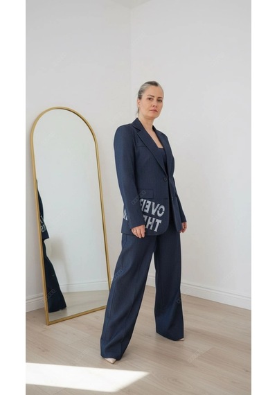 Byemelika Tasarım Baskılı Denim Blazer Lacivert