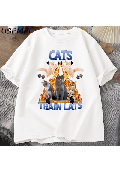 Flood Of Style Kedi Tren Lats Graphci T Shirt Komik Spor Adam Giysileri Tshirt Boy Rahat Pamuk Kısa Kollu Ti Beyaz