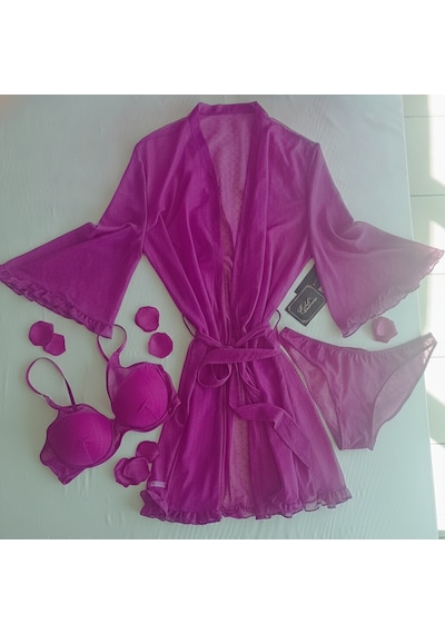 Bonbon Kadın Çeyizlik Ve Bohçalık Tül Transparan Mor Renk Sütyen, Slip Ve Sabahlık 3 Lü Paket Bb2685 Bonbon Kadın Çeyizlik Ve Bohçalık Tül Transparan Mor Renk Sütyen, Slip Ve Sabahlık 3 Lü Paket Bb2685