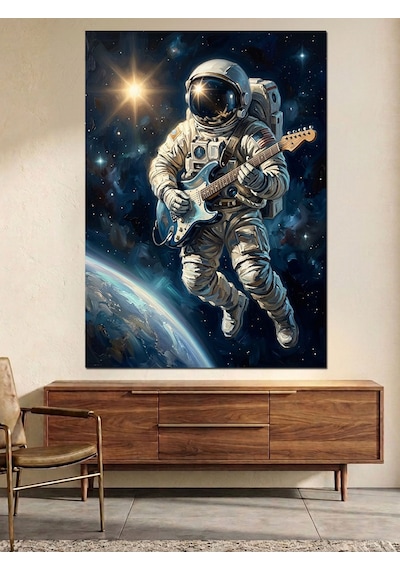 Uzayda Gitar Çalan Astronot Tablosu Dekoratif Kanvas - Mdf Ahşap Tablo Çok Renkli