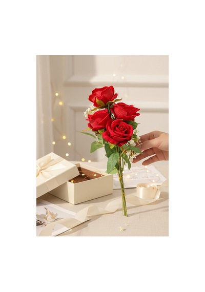 Premium 4 Kafalı Kadife Gül Buketi 60cm - Dekoratif Yapay Çiçek Kırmızı - 909538484 Kırmızı