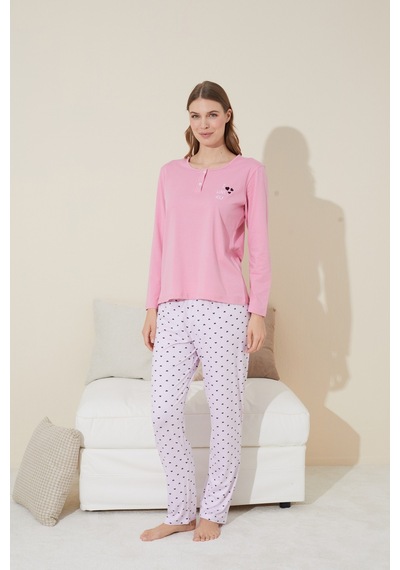 Siyah İnci Düğmeli Pamuklu Örme Pijama Takım 24240101 Pembe