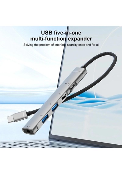 Cr15 5in1 Type-c'den 2ad Type-c, 2ad Usb A Çoklayıcı 3,5mm Kulaklık Çıkışlı Usb C Adaptör Alüminyum Kasa