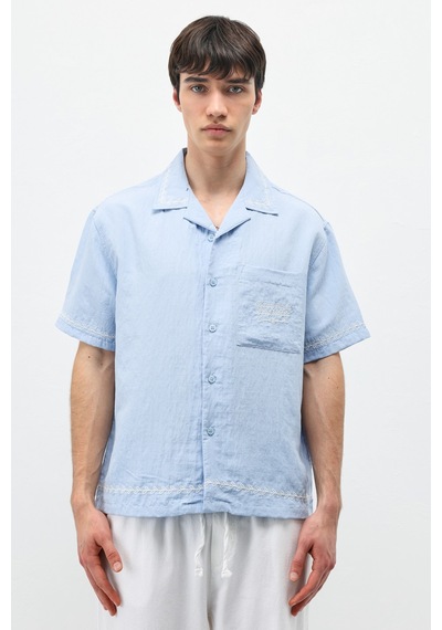 Vamos Oversize Yazı Baskılı Keten Gömlek Bebe Mavi