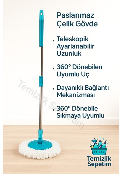 Turbo Dönüş Mekanizmalı Mop Takımı Paslanmaz Çelik Saplı, Mikrofiber Yedekli Pratik Temizlik Seti