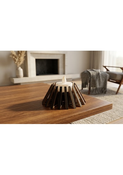 Piramit Tealight Mumluk Ahşap Mumluk + Led Pilli Mum 1 Adet Ham Mdf