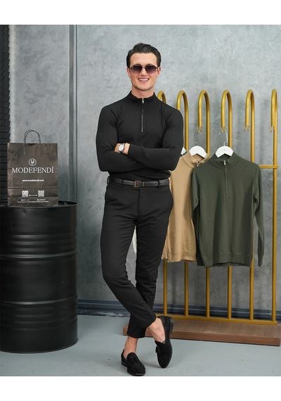 Modefendi Pamuk Likra Slim Fit Yarım Fermuarlı Kazak Siyah