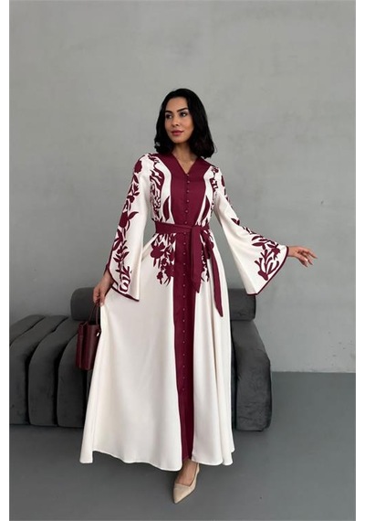 Neşeli Butik Kadın Atlas Kumaş Düğme Detaylı Elbise Nbms2507 Bordo