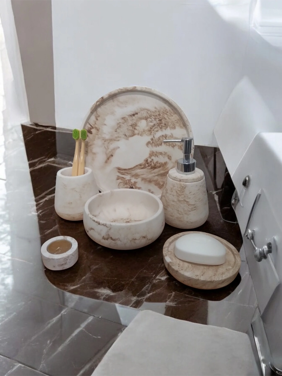 6'lı Mermer Desen Bej Beton Banyo Seti ,sıvı Sabunluk Diş Fırçalığı Aksesuar Takım Bej