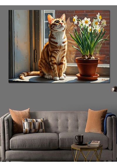 Ahşap Tablo Pencere Kenarında Duran Tekir Kedi