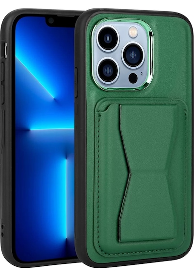More TR Apple Uyumlu iPhone 12 Pro Max Kılıf Kartlıklı Standlı ​Pu Deri Zore Memo Kapak - Koyu Yeşil