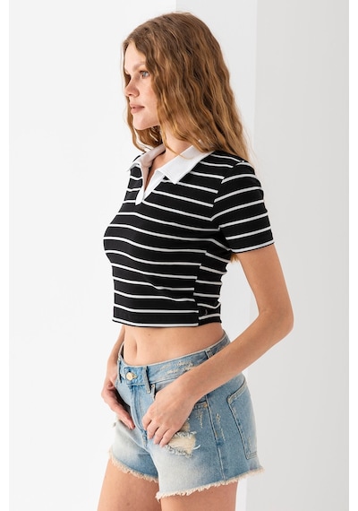 Giysa Kadın Polo Yaka Çizgili Pamuklu T-shirt Siyah Beyaz - 25795 Siyah - Beyaz