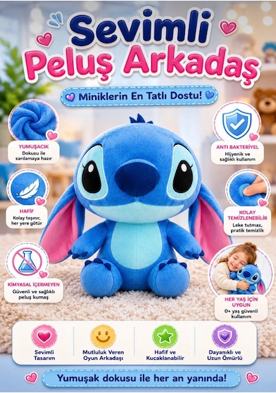 Stitch Peluş Oyuncak 30 Cm Yumuşak Hediyelik Sevimli Oyun Ve Uyku Arkadaşı Orta Boy Mavi