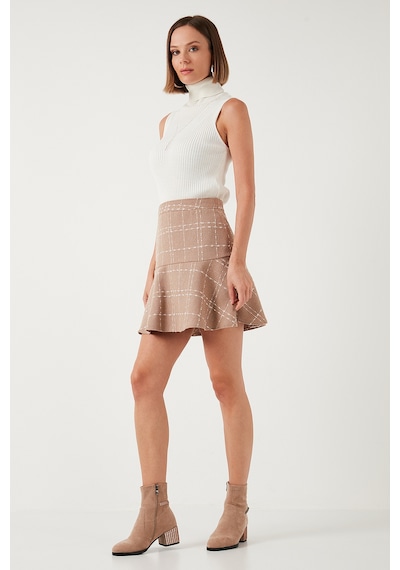 Lela Kareli Volanlı Mini Kışlık Bayan Etek 611Et00176W4 Camel