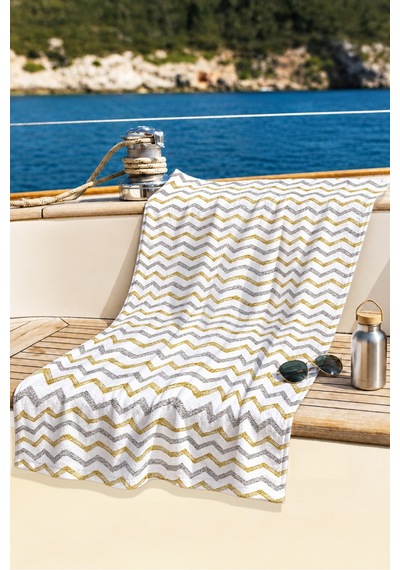 Zikzak Desenli Modern Plaj Havlusu - Geometrik Bohem Beyaz Altın Gri Hızlı Kuruyan Mikrofiber Havlu Eski Dalgası