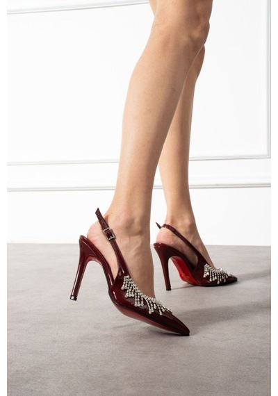 Elvı Işıltılı Taş Detaylı Bordo İnce Topuklu Slingback Ayakkabı 11 Cm Bordo