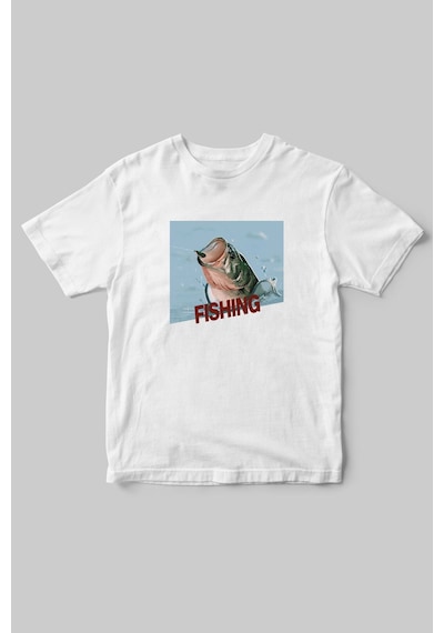 Fishing Balıkçıklık, Deniz Balık Avcılığı Regular Fit %100 Pamuk Bisiklet Yaka Hunter Beyaz T-shirt Beyaz