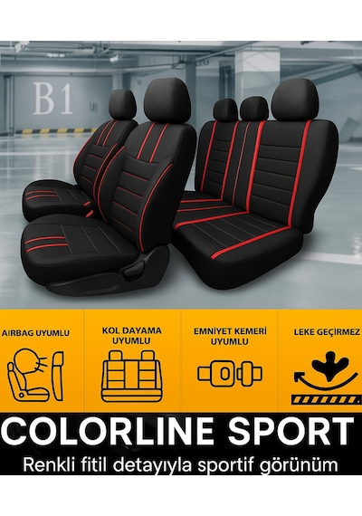 Ford Fiesta 2008 Ve Sonrası Uyumlu Colorline Sport Deri Siyah - Kırmızı Koltuk Kılıfı