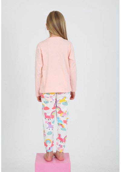 Kız Çocuk Uzun Kollu %100 Pamuklu Pijama Takımı Happines Somon SOMON