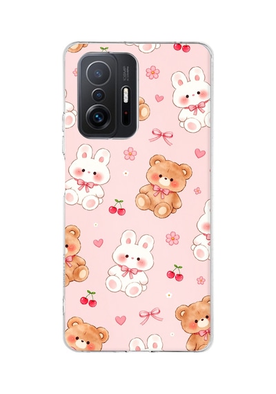 Xiaomi Mi 11t-11t Pro Uyumlu Pembe Ayıcıklı Ve Tavşanlı Kawaii Kiraz Baskılı Silikon Kılıf