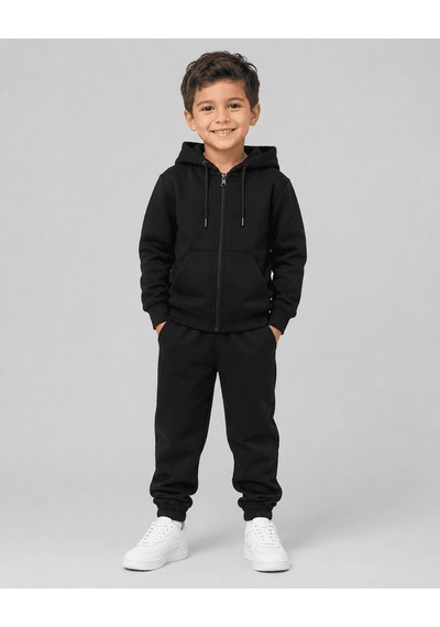 Eray Alp Kids Unisex Çocuk Siyah Kapüşonlu Fermuarlı Eşofman Takımı Günlük Rahat Kombin