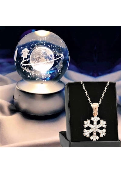 Kişiye Özel Renk Değiştiren Led Işıklı Satürn Kız Küre Lamba Kristal Top Ve Kar Tanesi Kolye