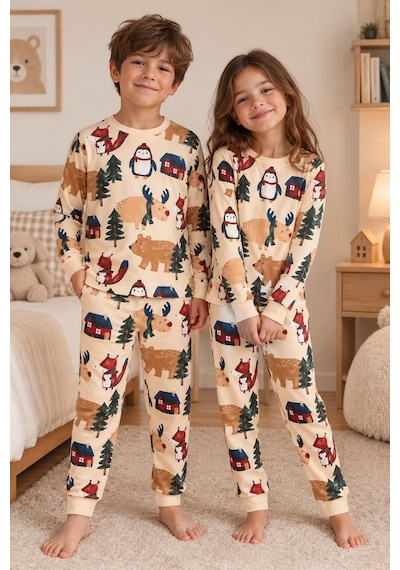 Zuzunga Sevimli Kardan Adam-penguen Desenli %100 Pamuk Unisex Çocuk Pijama Takımı Krem