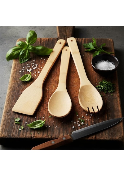 3'lü Bambu Mutfak Gereç Seti Doğal Ahşap Spatula, Kaşık Ve Servis Çatalı Yapışmaz Tencere D
