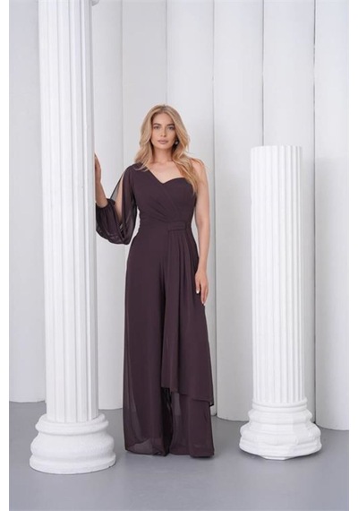 Neşeli Butik Kadın Kahverengi Tek Kol Astarlı Tül Kumaş Tasarım Abiye Tulum Nbs9389