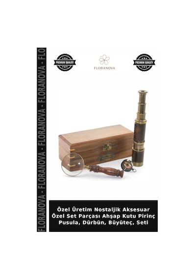 Özel Üretim Nostaljik Aksesuar Özel Set Parçası Ahşap Kutu Pirinç Pusula, Dürbün, Büyüteç, Seti
