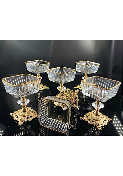 Assa Bazaar 6 Adet Gold Ayaklı Cam Magnolia Kase Dondurmalık Şekerlik Tatlı Sunumluk Altın