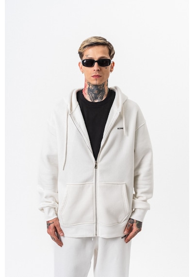 Erkek Respire Yazı Detaylı Kapüşonlu Basic Zip Oversize Hoodie Ekru