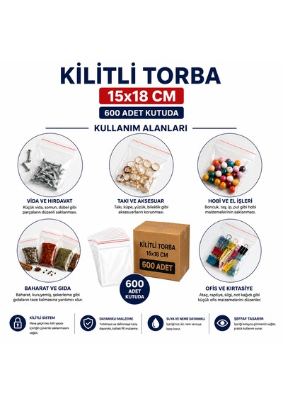 15x18 Cm Kilitli Poşet Kilitli Torba Şeffaf Zipli Torba 600 Adet - Dayanıklı Ve Sızdırmaz