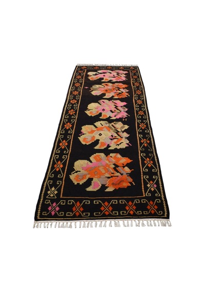 El Dokuma Gösterişli Güllü Çiçekli Kirmen Karabağ Yolluk Yün Kilim 6378