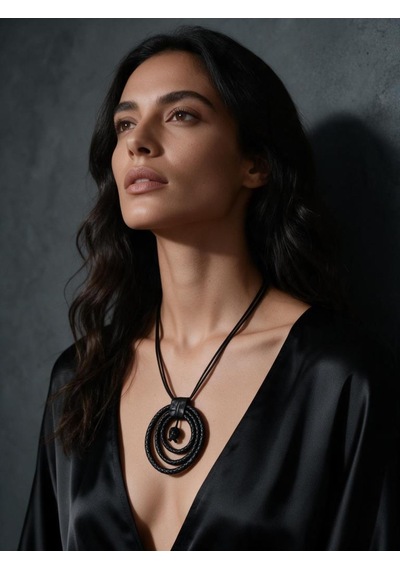 Üçlü Siyah Halka Tasarım Örgü Deri Kadın Kolye - Modern Boho Uzun İpli Madalyon Kolye