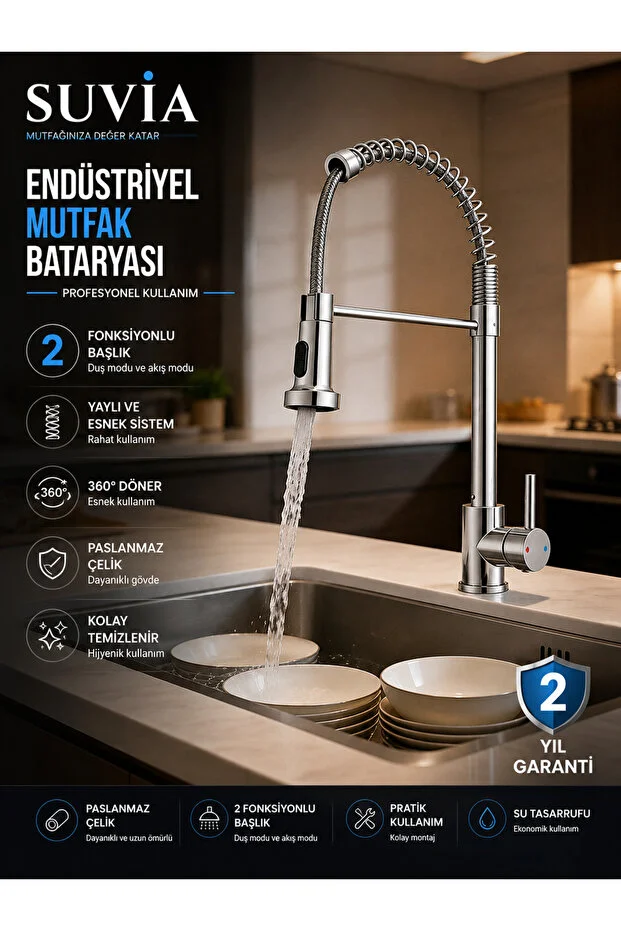 Endüstriyel Mutfak Bataryası 2 Fonksiyonlu 360 Döner Yaylı Profesyonel Eviye Musluğu Krom