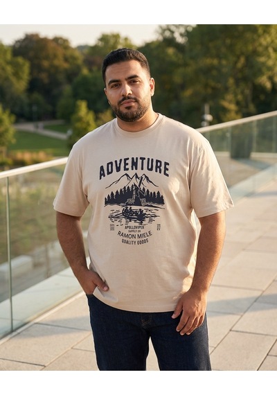 Büyük Beden Bisiklet Yaka Baskılı Erkek Tshirt Bej