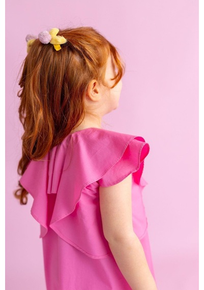 Oliventhekid Volanlı Poplin Kolsuz Ensesi Düğmeli Kız Çocuk Elbise Pembe Pembe