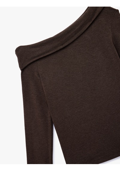 Koton Slim Fit Uzun Kollu Omzu Açık Tişört Kahverengi 6wal10464ık Kahve