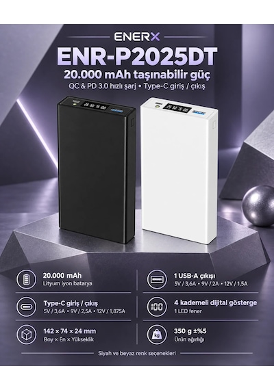 ENERX Powerbank 20000 mAh 22.5 Watt Led Göstergeli ENR-P2025DT Beyaz