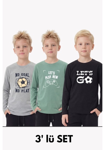Fyk Kids 3'lü Yuvarlak Yakalı Baskı Detaylı Uzun Kollu Basic 3 Parça Erkek Çocuk Tişört Gri - Siyah - Mint