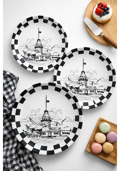 Grandora Istanbul Kız Kulesi Temalı 6 Adet, 27 Cm Servis Tabağı Dama Sunum Pasta, Tatlı Ve Kahvaltı Tabak Siyah-beyaz